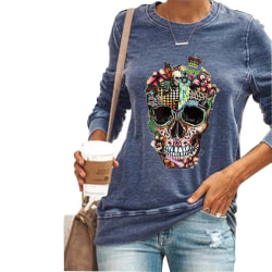 Halloween Kvinnor Skull Skeleton Print Långärmad T-shirt Baggy bule L