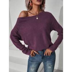 Kvinnor Off Shoulder Stickad Tröja Långärmad Pullover Toppar Dark Purple XL