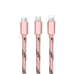 Tiger flettet nylon micro + Lightning + USB-C kabel Pink gold