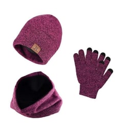 3 delar Winter Beanie Hat Halshandskar Set Lila one size