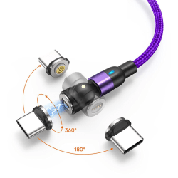 Magnetisk kabel, Lightning + Micro USB + USB-C, 3A Purple one size