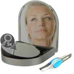 Sminkspegel / Resespegel med pincett - Vanlig 1x + 5x Silver