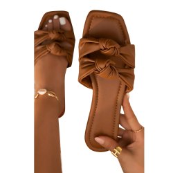 Kvinnor Bow Tofflor öppen fyrkantig tå glida på platt sommar sandal Brown 39