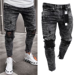 Mode Män Ripped Hole Destoryed Jeans Dragkedja black 2XL