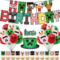 Grattis på födelsedagen Banner hängande dekorationer Ballonger Cake Topper Flerfärgad Minecraft