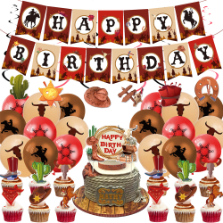 Grattis på födelsedagen Banner hängande dekorationer Ballonger Cake Topper Röd Kaffe Kaki Western Cowboy