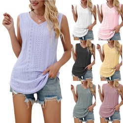 Sommar ärmlösa T-shirts för kvinnor Kläder ihålig V-hals Pink XXL