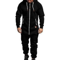 Men Onesie Hoodie Zip Jumpsuit Winter Casual Hooded Romper Playsuit black m
