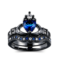 Dubbellager Ring Set Ring Dam Holding Safir Hjärtformad Kronring Svart Guld Blue US SIZE 7