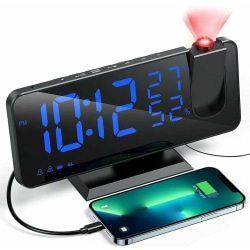 Projektorklocka med radio, digital klocka, USB -klockradio med dubbla larm och 7（Blue Word） LED-spegelskärm