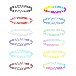 12-pack Trendiga Färgglada Choker Halsband Stretch Spets Lace flerfärgad