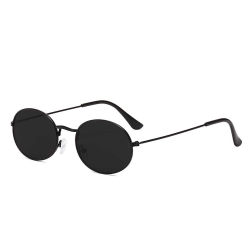 Svarta Ovala Metall Solglasögon Mörkt Glas + Senilsnöre svart