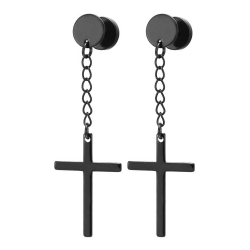 2-pack piercing øreringe falsk stik med hængende kryds sort sort