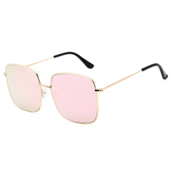 Fyrkantiga Metall Solglasögon Guld Rosa Spegelglas + Senilsnöre rosa