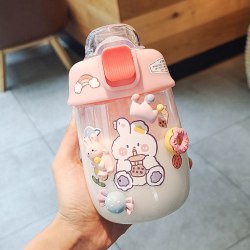 vattenflaska barn med sugrör dricksflaska 400ML rosa / stickers