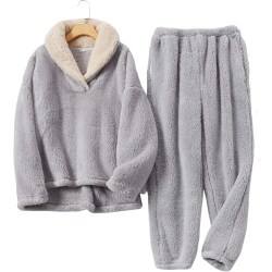HAUFR Dam Fluffy Pyjamas Set Pullover Byxor Vinter Varm Casual Fuzzy Plush Loungewear Sovkläder - Perfet Grey X-Large
