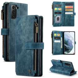 Case för Samsung Galaxy S21 Fe 5g/4g Cover Plånbok Slitstark Pu-läder Magnetic Flip Dragkedja Korthållare - Blå Blue
