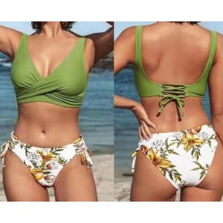 Dam Bikini Badkläder Flower Print Snöra upp 2 delar Badkläder Set green L