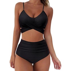 Kvinnors sexiga enfärgade print Bikini set Push-up baddräkt hög midja baddräkt black S