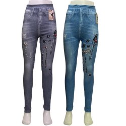Denim Jeans Med Mönster och Pärlor Leggings Blue one size