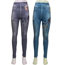 Denim Jeans Med Mönster och Pärlor Leggings Black one size