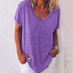 Sommar damer t-shirt stilfull enkel snabb färg v-ringning 5XL Purple