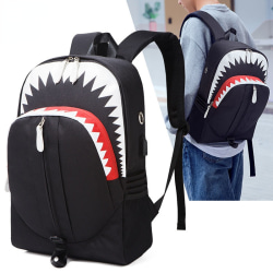 Skolstudentryggsäck Collegebokväska Resväska Luminous Big Mouth Shark USB -funktion Black