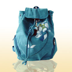 Ryggsäck Canvas handmålad kinesisk etnisk stil ryggsäck för kvinnor Handmålad väska Blue