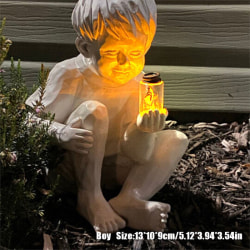 En Kid Staty Med Solar Eldflugor Trädgård Staty Resin Blomrabatt boy