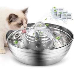 Kattfontän, hund- och kattdrickare i rostfritt stål, 67 oz/2L Super Silent Cat Drinker, synlig i vattennivån, med filter