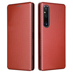 För Sony Xperia 1 V Stand Pu Läder Phone case Kolfiber Texture Korthållare Cover Brown
