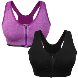 Dam sport-bh med dragkedja fram Criss-Cross Strappy Yoga BH Top 2 Pack(black+purple)