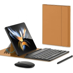 Bärbart trådlöst tangentbord kompatibelt Samsung Galaxy Z Fold 4 Fold 3 med mus Kapacitiv penna & case Brown