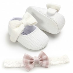 Skor Newborn Toddler Soft Sole Spjälsäng Skor Prewalker + Pannband Vit 12-18 månader