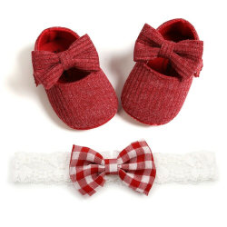 Skor Newborn Toddler Soft Sole Spjälsäng Skor Prewalker + Pannband Röd 12-18 månader