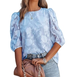 Bubble Sleeve Chiffong Loose Top Shirt med blommig textur Sky Blue L