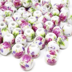 100 STK Keramiske Perler Porcelæn Runde Perler Blomstermønster