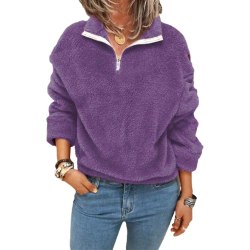 Dam Fluffy Zip V-ringad Pullover Tröja Vinter Varm Casual Plysch Pullover Toppar Plus Size Purple M