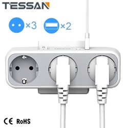 TESSAN USB -kontaktadapter EU Vägguttag med 3 uttag 2 USB -omkopplare Flera europeiska stickkontakter Eluttag Power för hemmet Gray