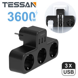 TESSAN EU-kontakt power med 3 AC-uttag + 3 USB -laddningsportar 5V 2,4A, 6 i 1 vägguttag Adapter för hemmakontor Black