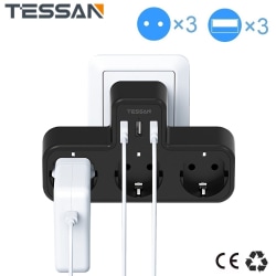 TESSAN EU-adapter med flera uttag med 3 uttag och 3 USB laddningsportar Väggladdare Power för hemmet Black