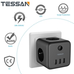 TESSAN EU-kontakt power med strömbrytare på/av 3 AC-uttag 3 USB -laddningsportar 5V 2.4A Portable Multi Socket Power Adapter Black