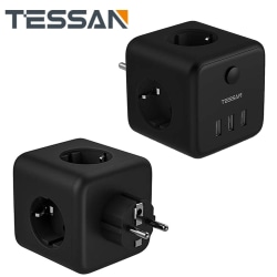 TESSAN Europe Black USB Vägguttag med 3 AC-uttag 3 USB portar På/Av-brytare, 100-250V Power Strip Laddare Adapter för hemmet Black