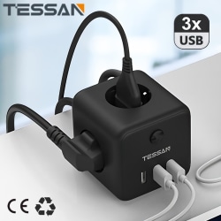 TESSAN Cube Power Strip EU-kontaktförlängningsuttag med 3 uttag 3 USB 1,5 M-kabel Flera europeiska eluttag för hemmet Black