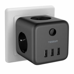 TESSAN Cube Socket Travel Adapter med 3 AC-uttag och 3 USB portar Flera power med strömbrytare för hem, kontor Black