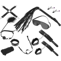 12-delt BDSM Bondage Kit med håndjern, pisk, kneble osv. Black