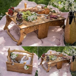 Träfällbart picknickkorgbord utomhus, bärbar vinpicknick Wood color