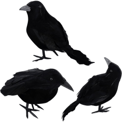 3-pack Halloween-kråkor Konstgjorda fjäderkråkor Realistiska Korpfåglar Dekorationer Djurprydnad Spöklik svart fjäderkråkfågel för Halloween-fest