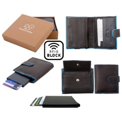 Äkta Läder Plånbok o Smart Korthållare .100%RFID Skydd. BRUN+BLÅ Brun och Blå