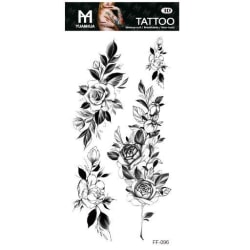 Väliaikainen tatuointi 19 x 9 cm - 4 kukkaoksaa, mustavalkoinen